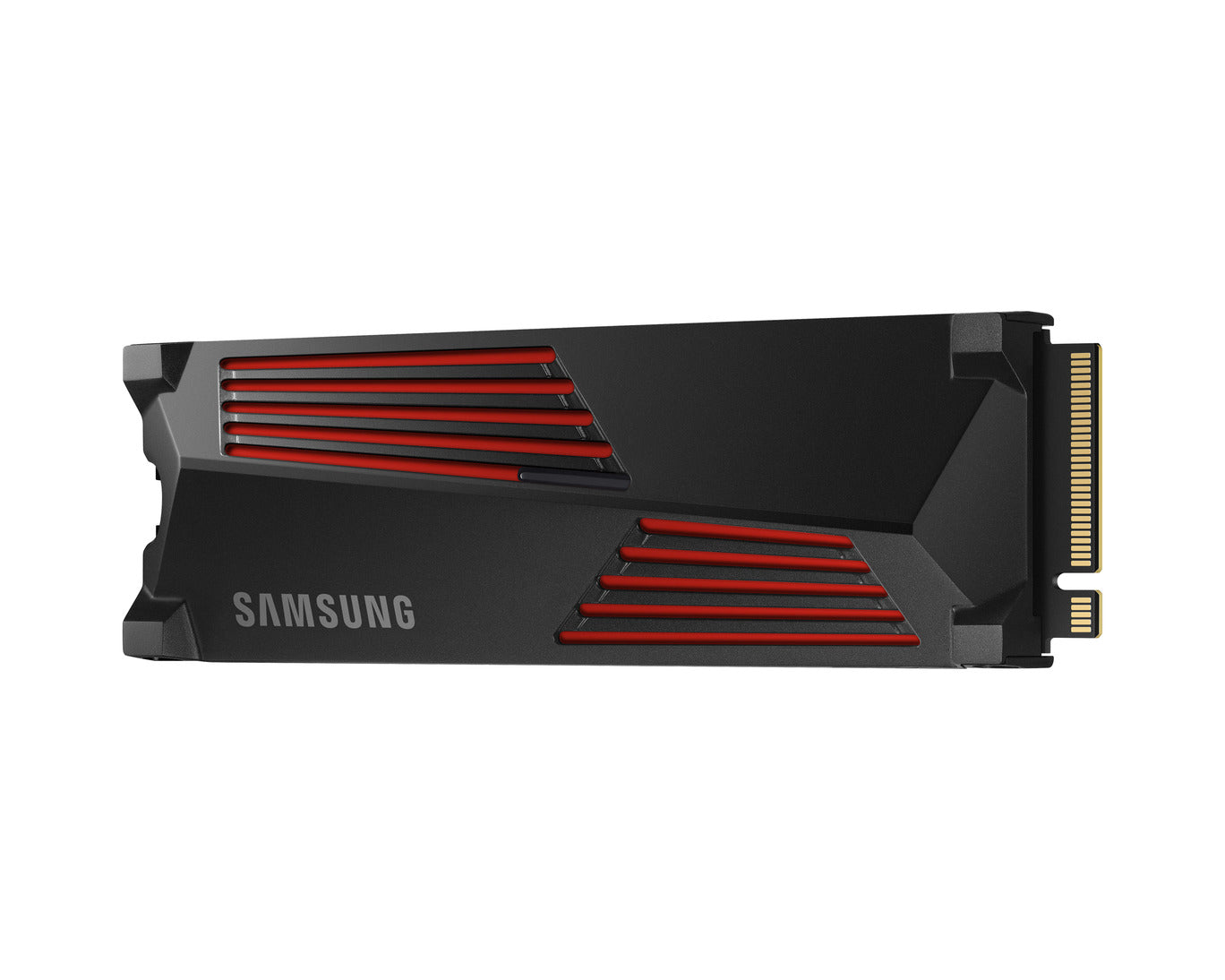 Samsung 990 PRO 1TB NVMe SSD with heatsink front view showing M.2 2280 design and cooling