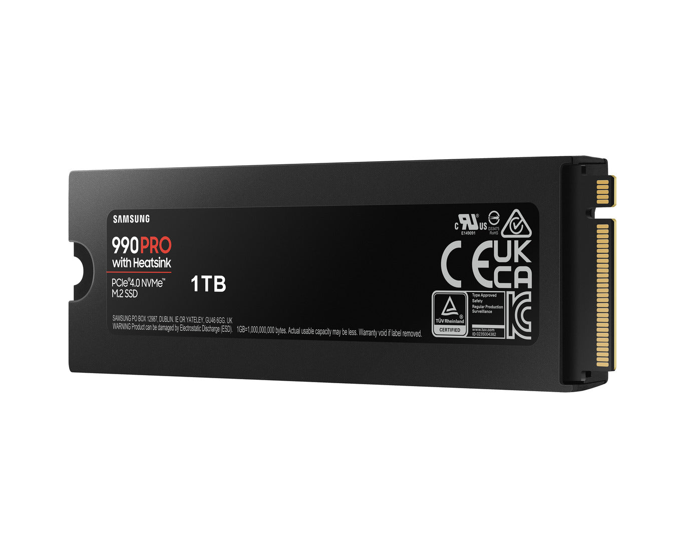 Samsung 990 PRO 1TB NVMe SSD with heatsink front view showing M.2 2280 design and cooling