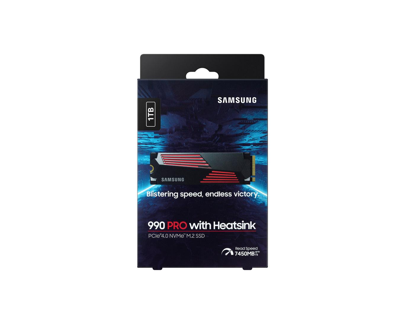 Samsung 990 PRO 1TB NVMe SSD with heatsink front view showing M.2 2280 design and cooling