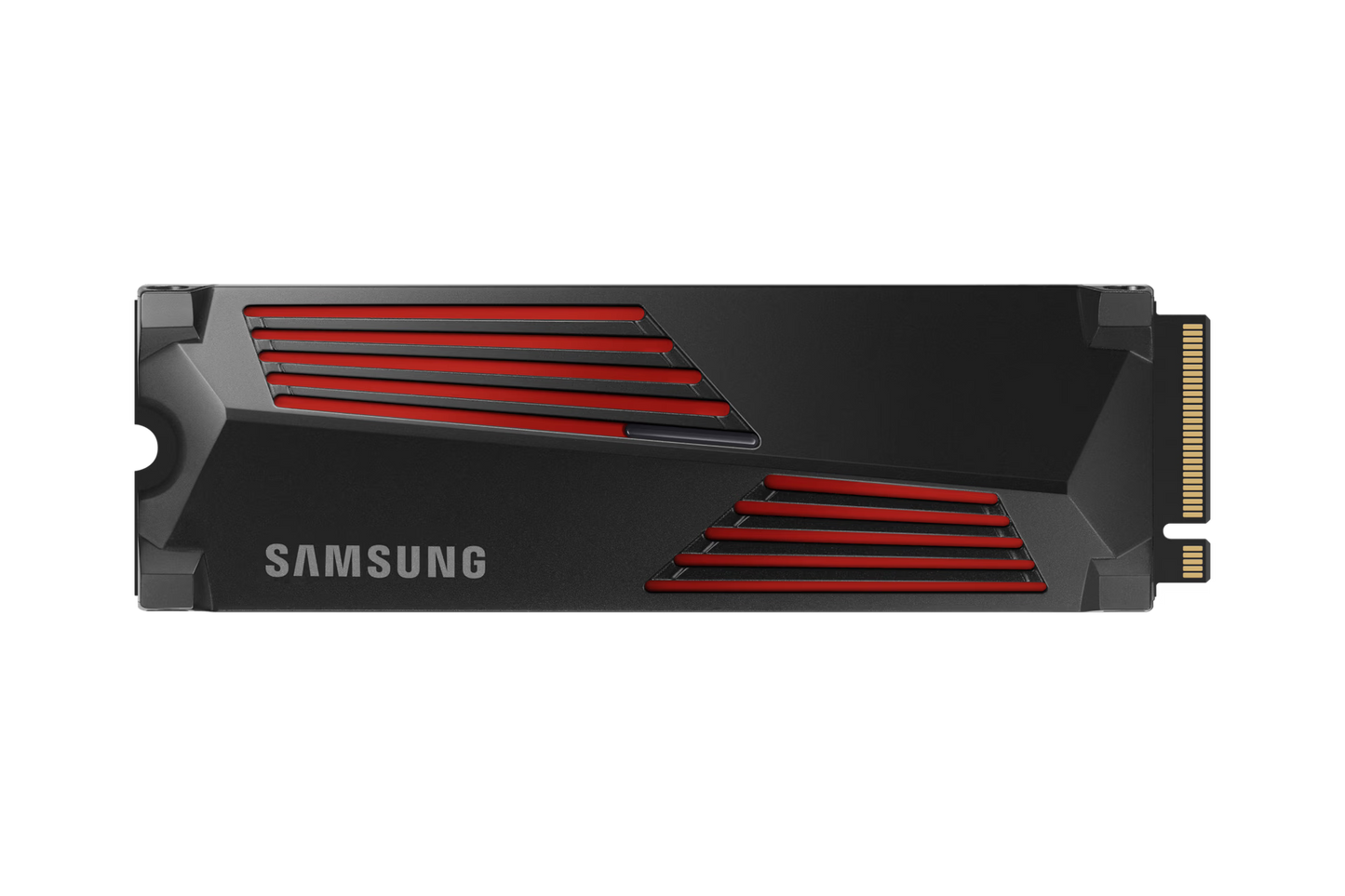 Samsung 990 PRO 1TB NVMe SSD with heatsink front view showing M.2 2280 design and cooling