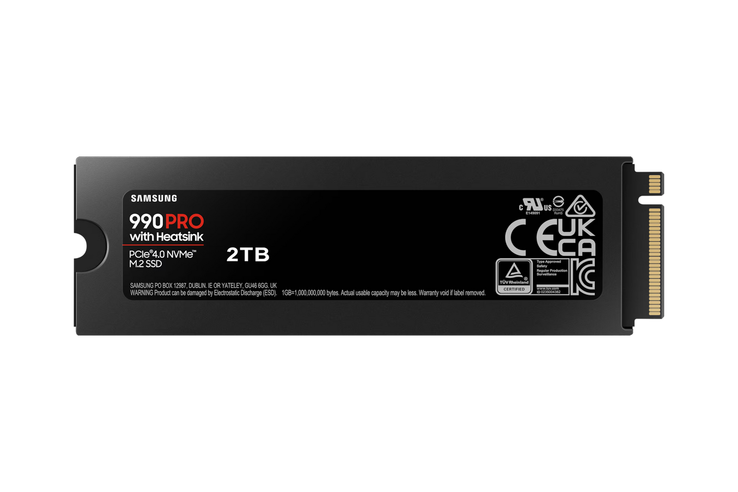 Samsung 990 PRO 2TB NVMe SSD with heatsink front view showing M.2 2280 design and cooling