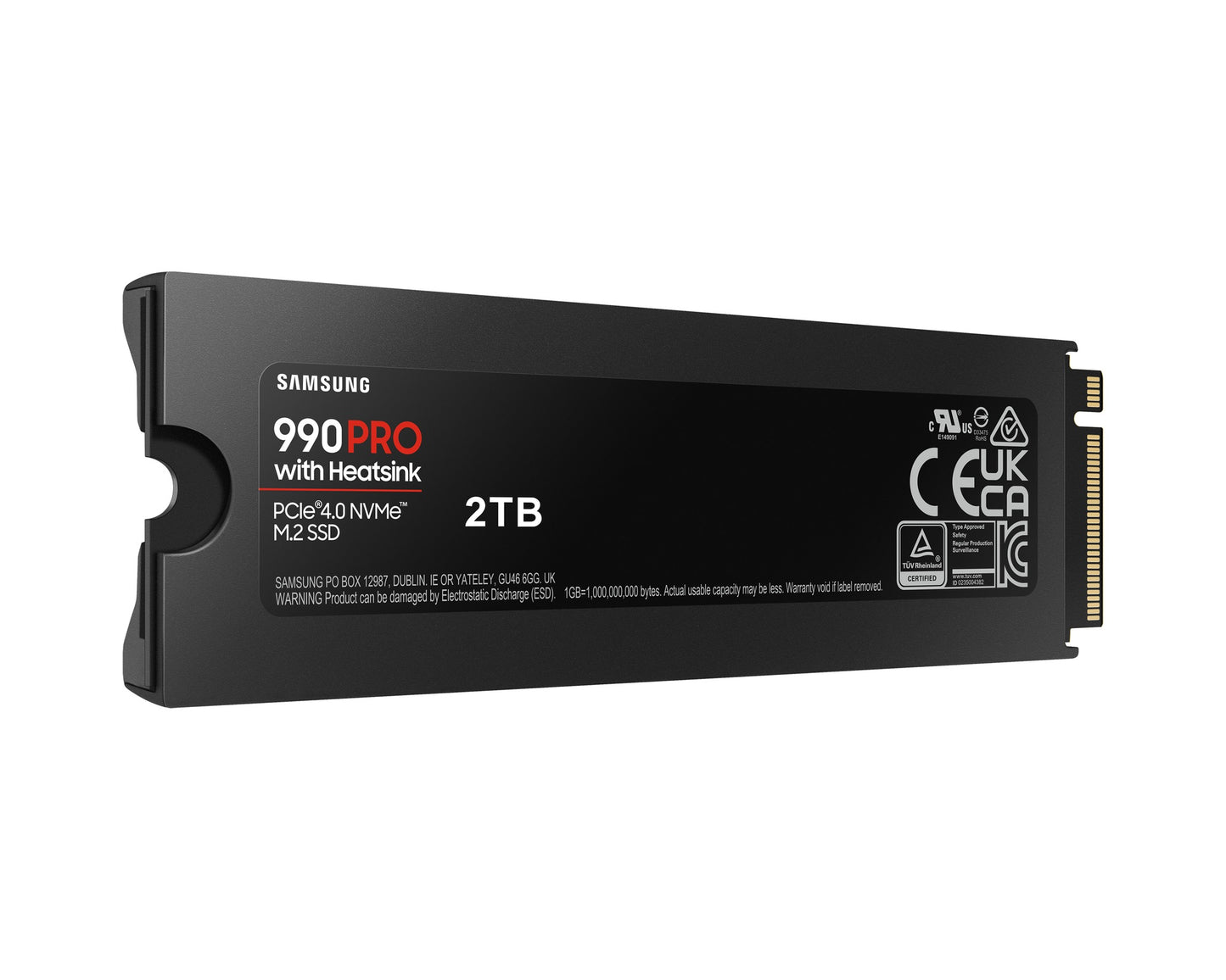 Samsung 990 PRO 2TB NVMe SSD with heatsink front view showing M.2 2280 design and cooling