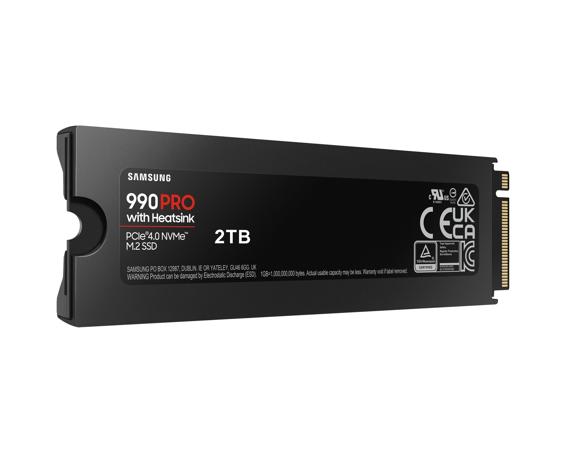 Samsung 990 PRO 2TB NVMe SSD with heatsink front view showing M.2 2280 design and cooling