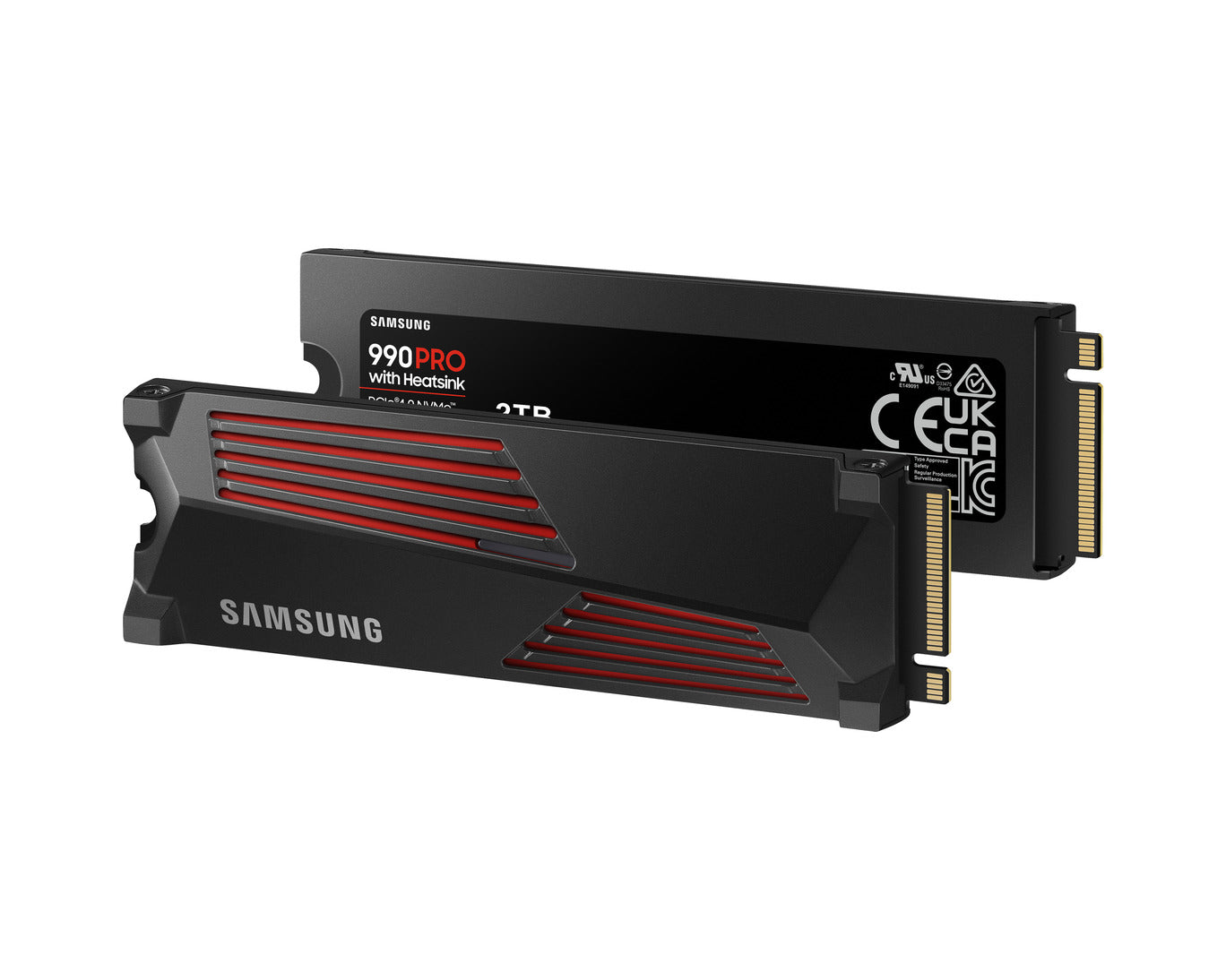 Samsung 990 PRO 2TB NVMe SSD with heatsink front view showing M.2 2280 design and cooling