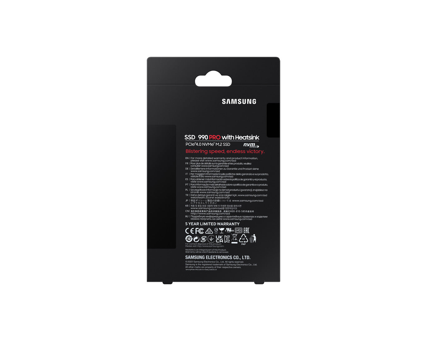 Samsung 990 PRO 2TB NVMe SSD with heatsink front view showing M.2 2280 design and cooling