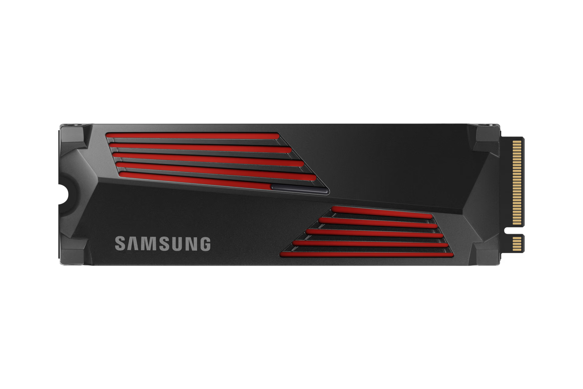 Samsung 990 PRO 4TB NVMe SSD with heatsink front view showing M.2 2280 design and cooling