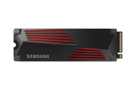 Samsung 990 PRO 4TB NVMe SSD with heatsink front view showing M.2 2280 design and cooling
