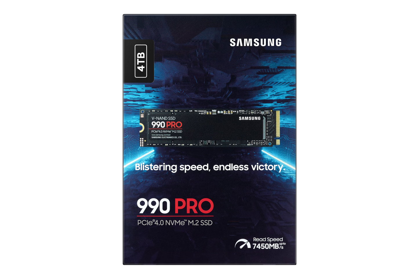 Samsung 990 PRO 4TB NVMe SSD front view showing M.2 2280 compact design