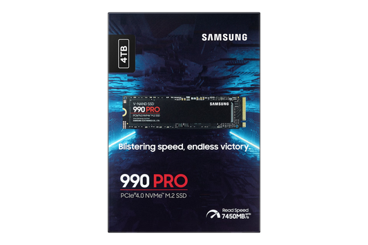 Samsung 990 PRO 4TB NVMe SSD front view showing M.2 2280 compact design