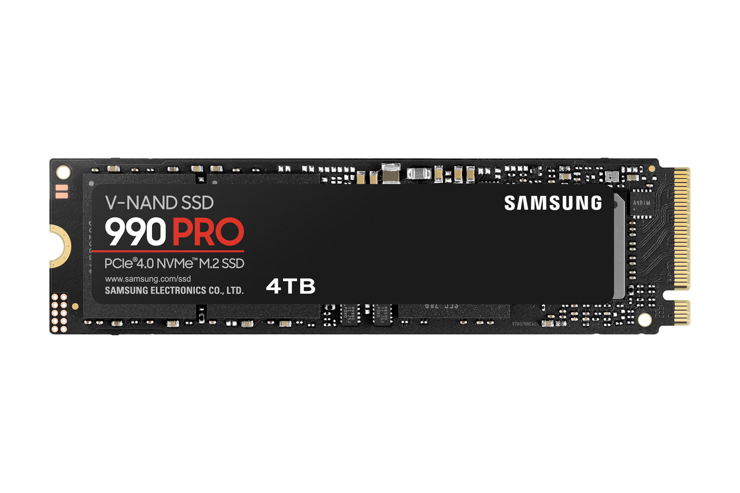 Samsung 990 PRO 4TB NVMe SSD front view showing M.2 2280 compact design