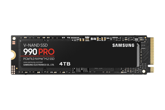 Samsung 990 PRO 4TB NVMe SSD front view showing M.2 2280 compact design