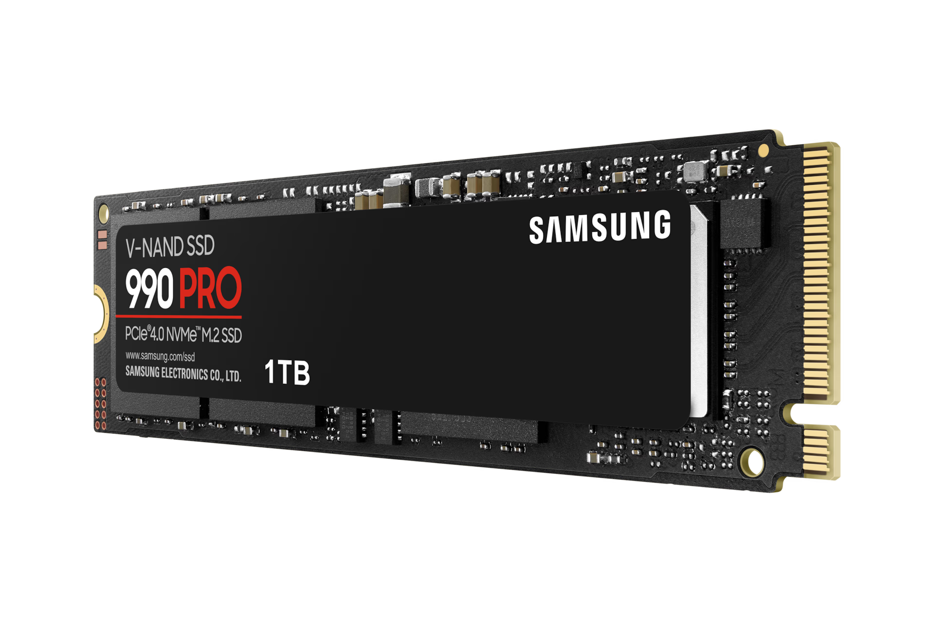 Samsung 990 PRO 1TB NVMe SSD front view showing M.2 2280 compact design