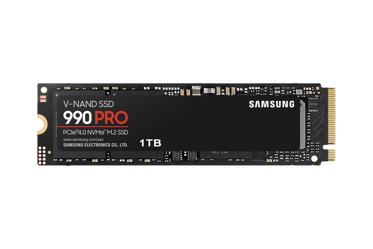 Samsung 990 PRO 1TB NVMe SSD front view showing M.2 2280 compact design