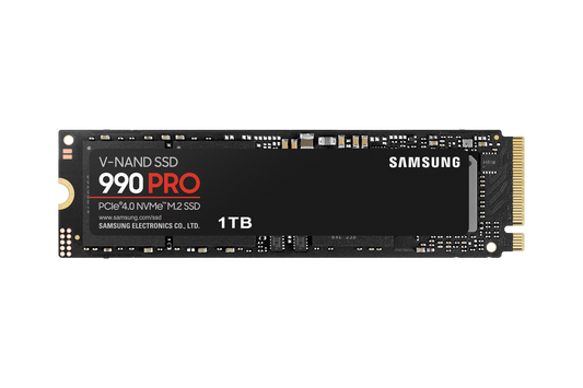 Samsung 990 PRO 1TB NVMe SSD front view showing M.2 2280 compact design