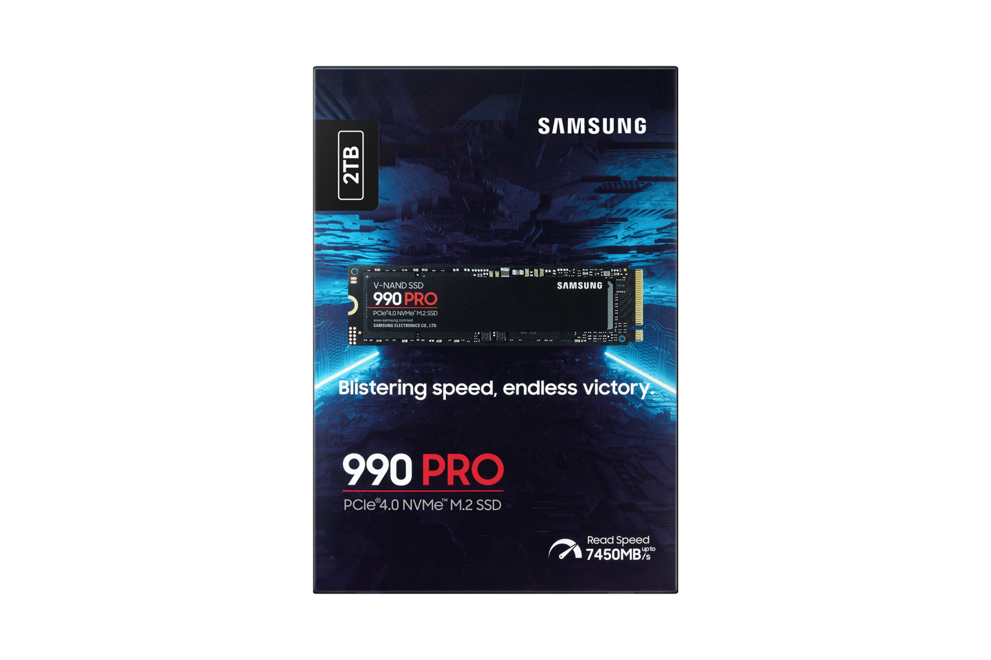 Samsung 990 PRO 2TB NVMe SSD front view showing M.2 2280 compact design