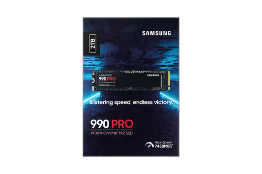 Samsung 990 PRO 2TB NVMe SSD front view showing M.2 2280 compact design