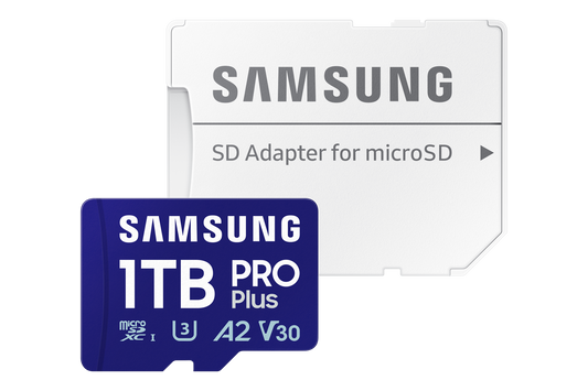 Samsung PRO Plus microSDXC 1TB memory card front view with label visible