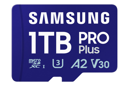Samsung PRO Plus microSDXC 1TB memory card front view with label visible
