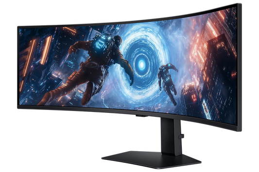 Samsung Odyssey G9 G91F 49 inch black curved gaming monitor with 5120 x 1440 DQHD resolution 144Hz refresh rate 1ms response time and 32:9 ultrawide display