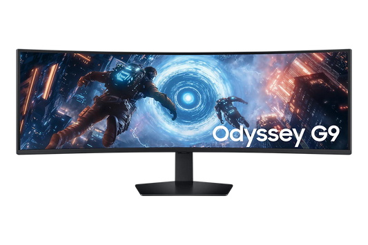 Samsung Odyssey G9 G91F 49 inch black curved gaming monitor with 5120 x 1440 DQHD resolution 144Hz refresh rate 1ms response time and 32:9 ultrawide display