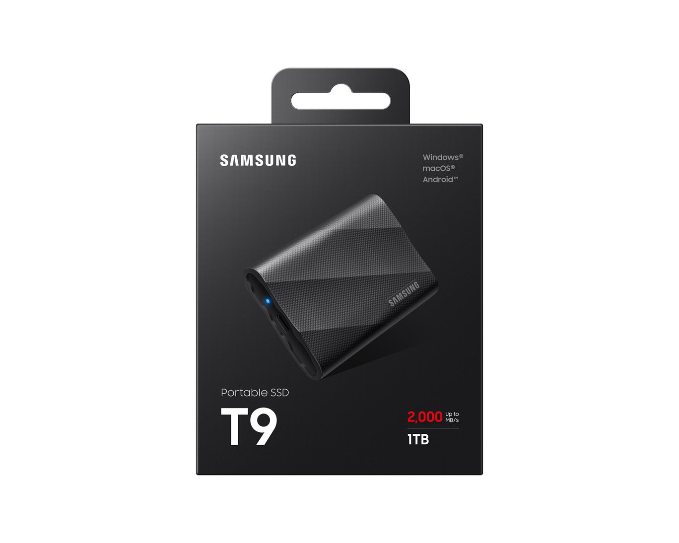 “Samsung T9 Portable SSD 1TB external solid state drive in black with USB 3.2 high-speed connection.”